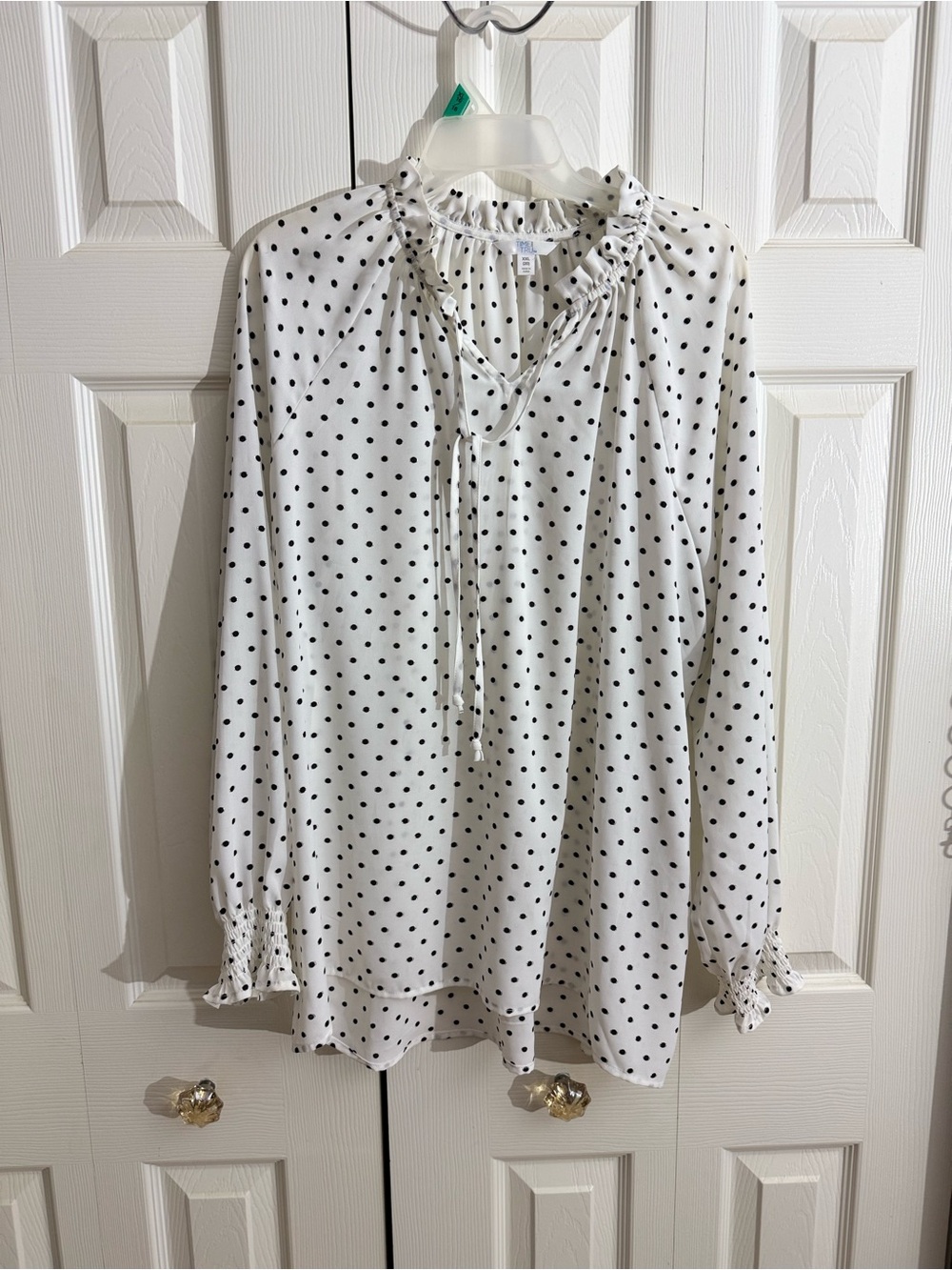 Time and Tru White Polka Dot Ruffle Tie-Neck Blouse